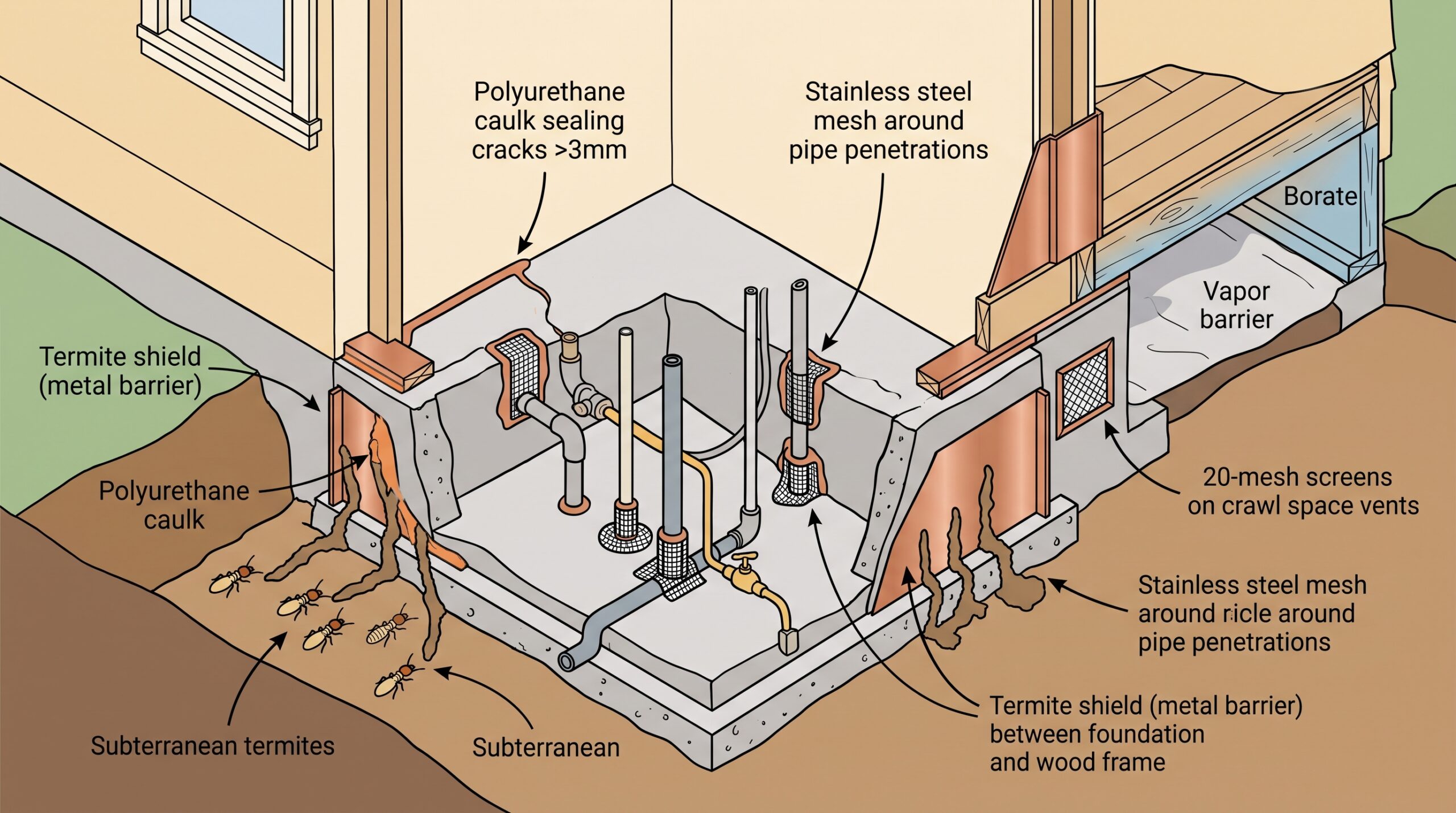 Isometric cutaway showing hidden termite colony and foundation vulnerabilities